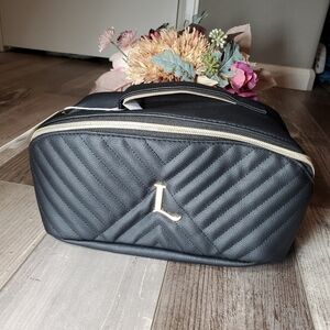 NWT Primark Black Cosmetic Bag with Quilted Texture and Gold Hardware Letter "L"